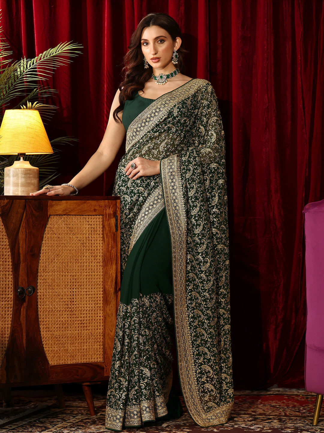 Golden Embroidered Forest Green Georgette Saree 