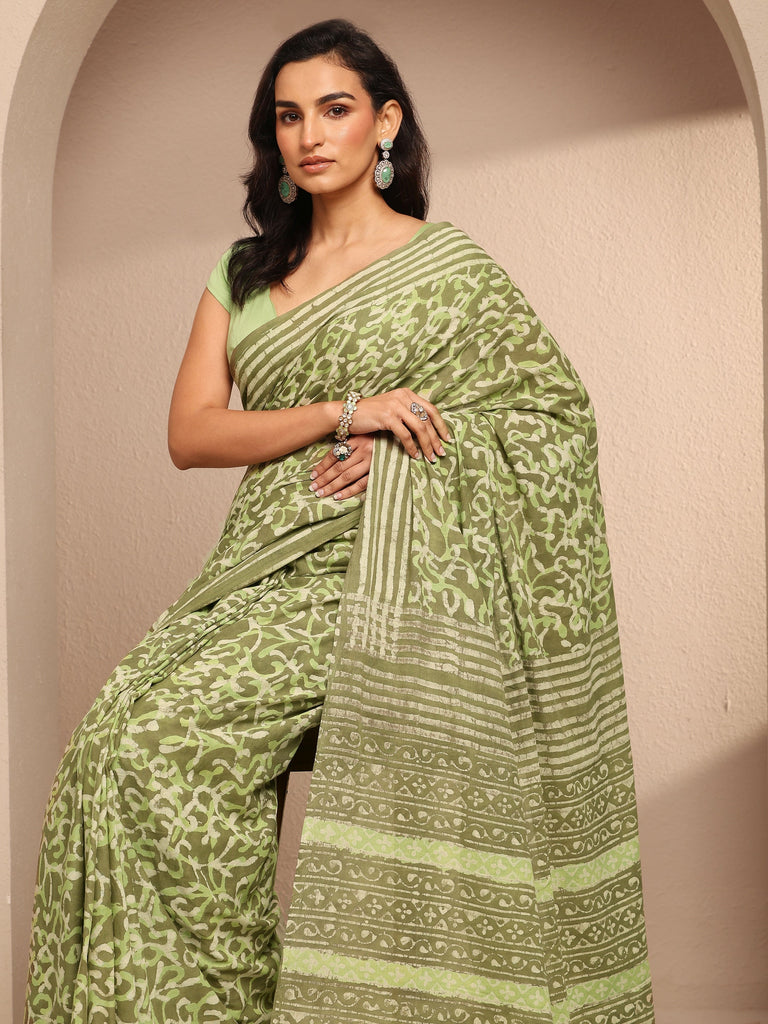 Libas Green Abstract Printed Cotton Saree With Unstitched Blouse Piece