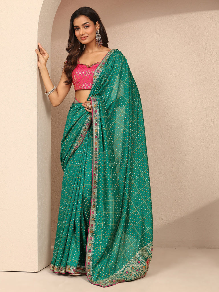 Libas Green Bandhani Printed Silk Blend Saree With Unstitched Blouse Piece