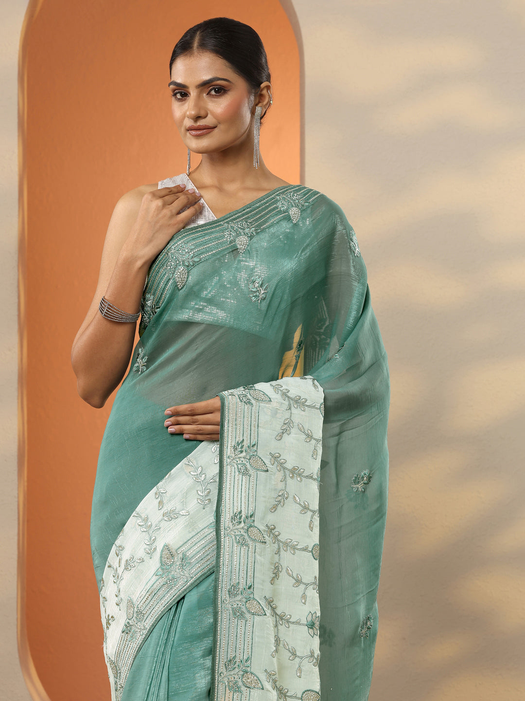  Green Embellished Organza Saree With Unstitched Blouse Piece 