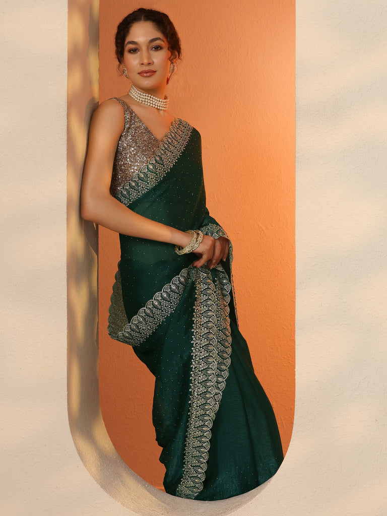 Libas Green Embellished Organza Saree With Unstitched Blouse Piece