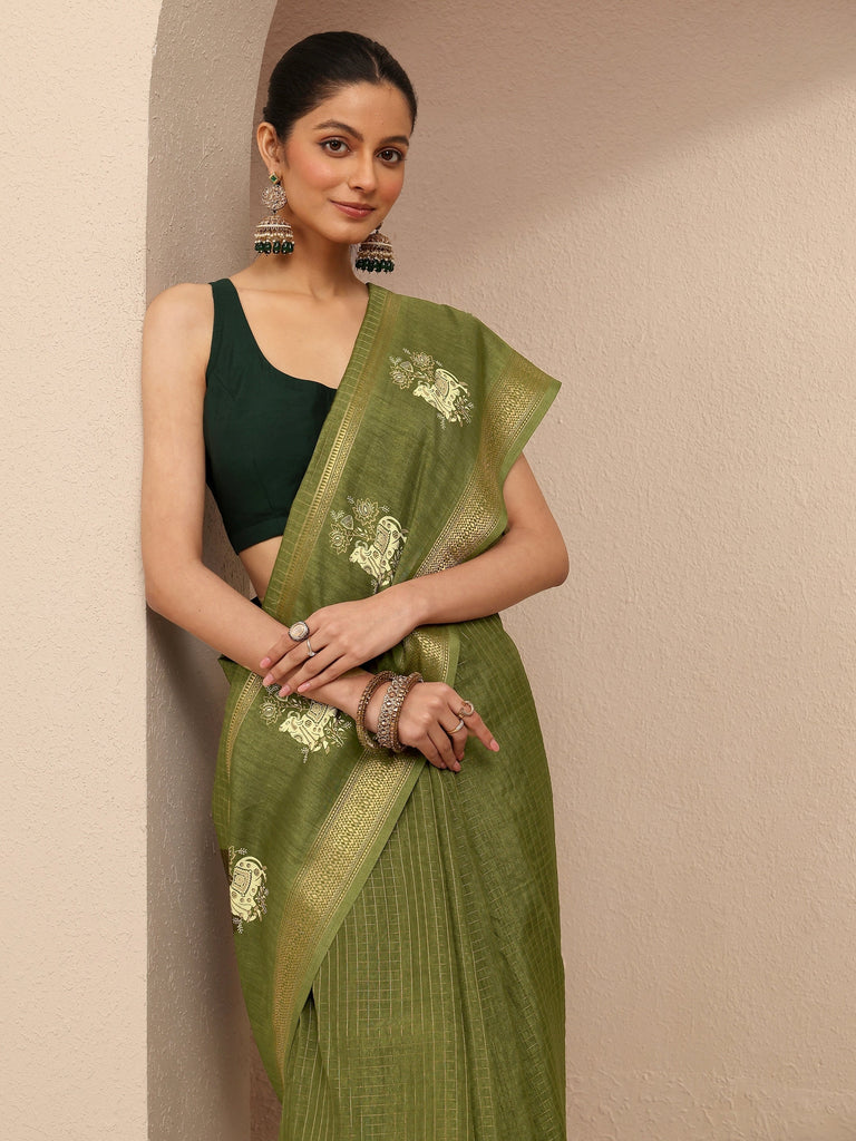 Libas Green Embellished Silk Blend Saree With Unstitched Blouse Piece
