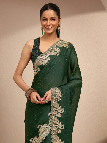 Green Embellished Silk Blend Saree With Unstitched Blouse Piece
