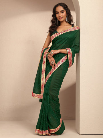 Green Embellished Silk Blend Saree With Unstitched Blouse Piece