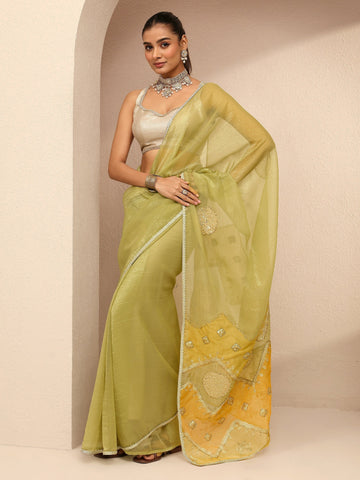 Green Embellished Silk Blend Saree With Unstitched Blouse Piece