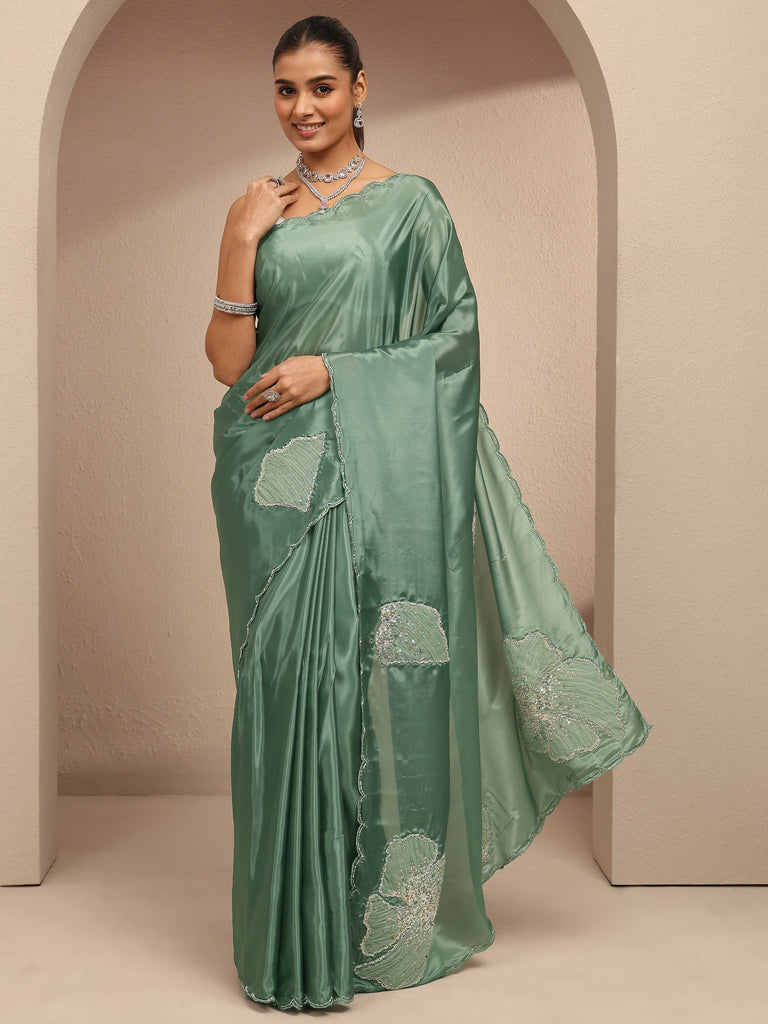 Libas Green Embellished Silk Blend Saree With Unstitched Blouse Piece