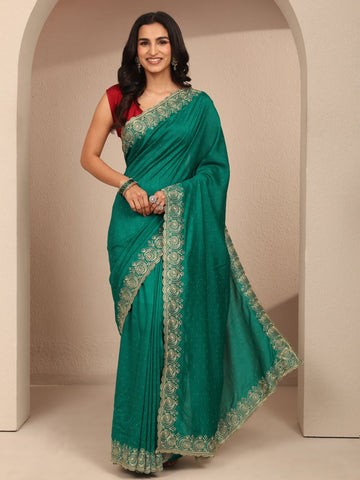 Green Embellished Silk Blend Saree With Unstitched Blouse Piece