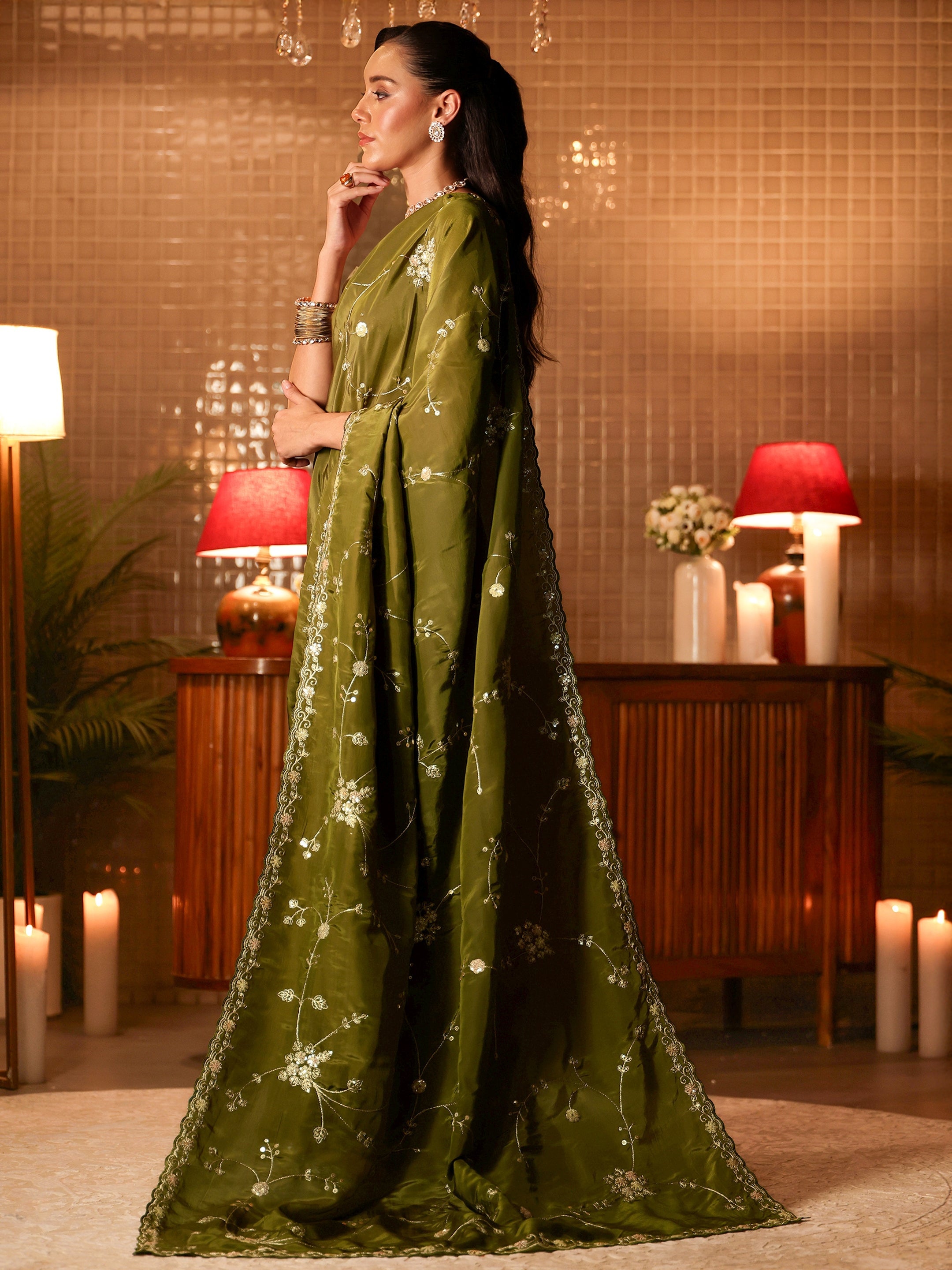 libas Green Embellished Silk Blend Saree-picture-11