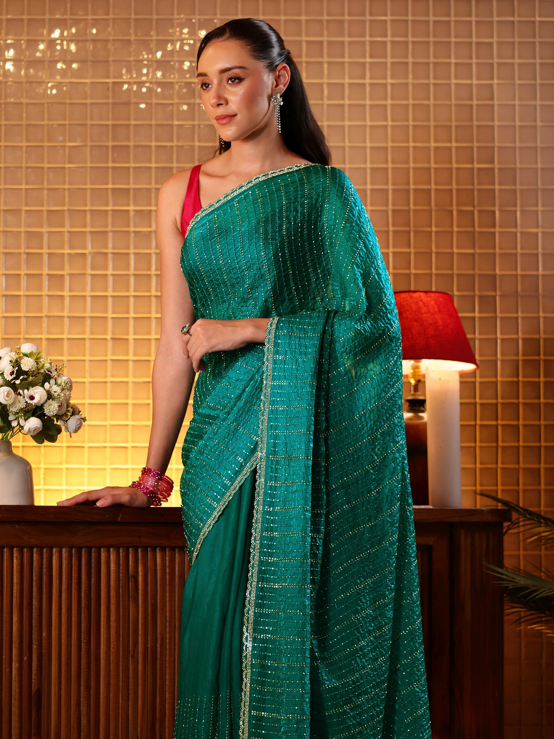  Green Embellished Tissue Saree 