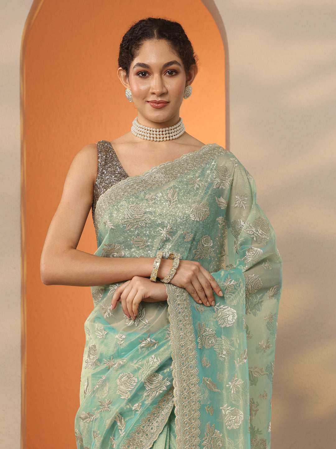 Green Embroidered Nylon Saree With Unstitched Blouse Piece