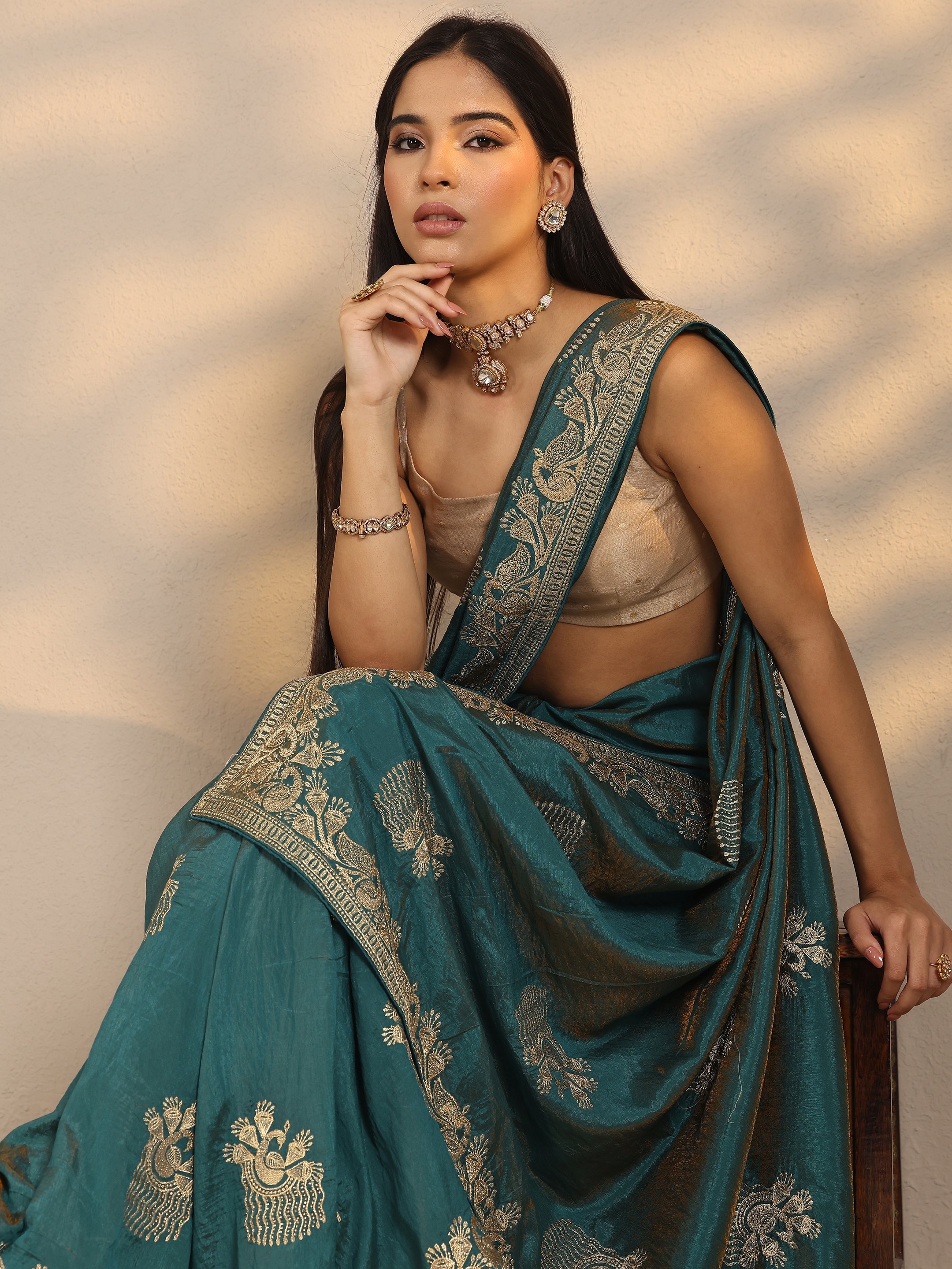 libas Green Embroidered Organza Saree With Unstitched Blouse Piece-picture-32