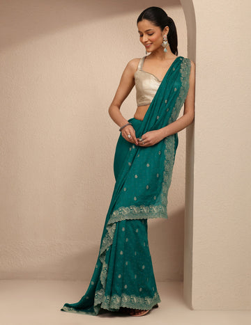 Green Embroidered Silk Blend Saree With Unstitched Blouse Piece