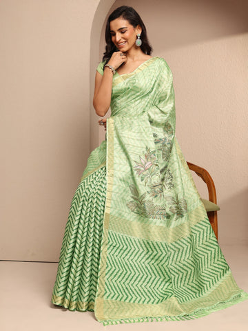 Green Embroidered Silk Blend Saree With Unstitched Blouse Piece