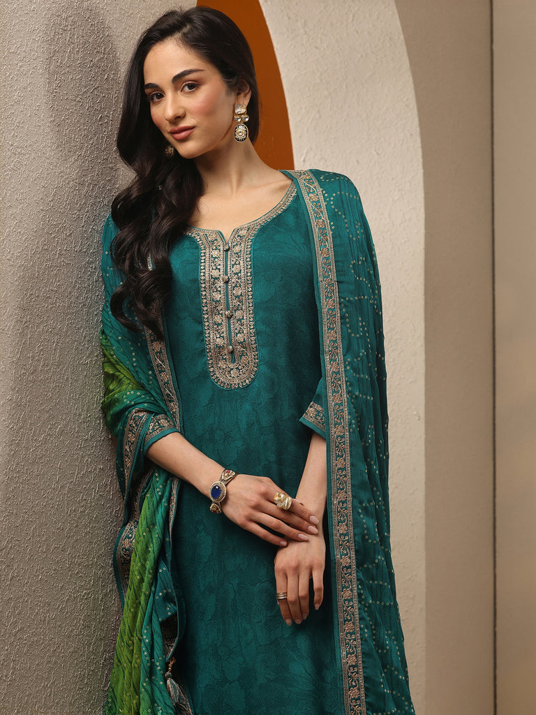 Libas Green Embroidered Silk Blend Straight Suit Set With Dupatta