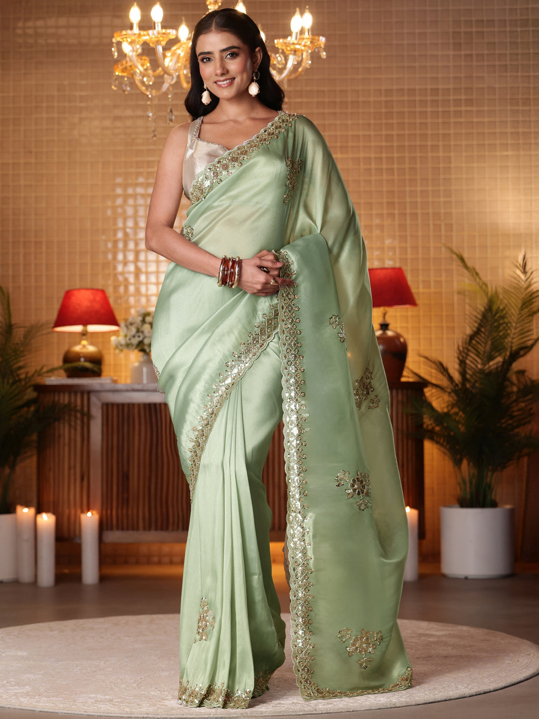  Green Floral Embellished Net Saree 
