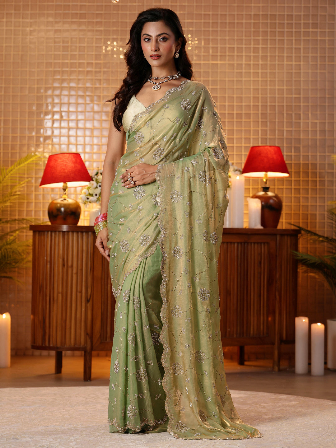  Green Floral Embellished Tissue Saree 