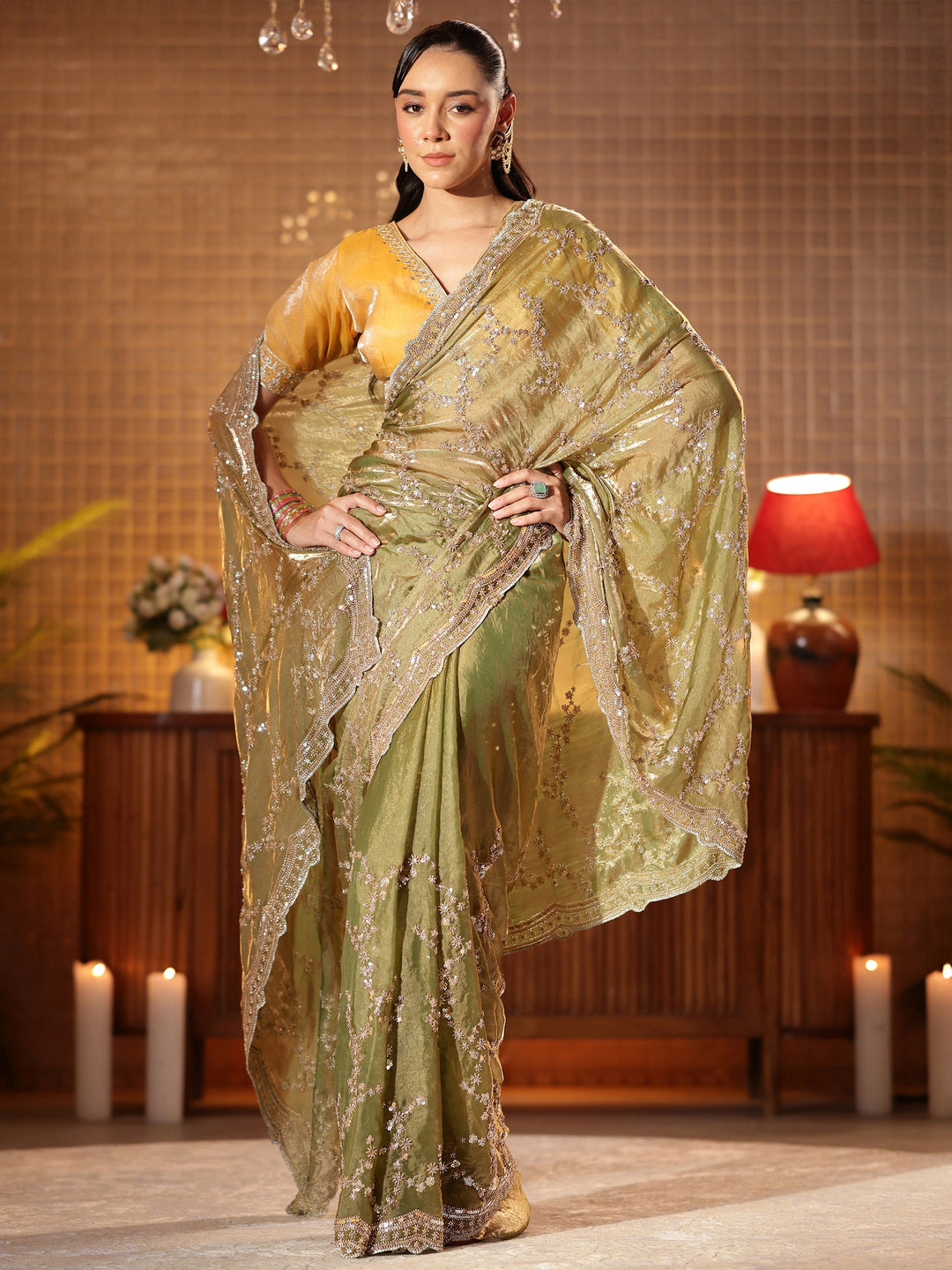  Green Floral Embellished Tissue Saree 