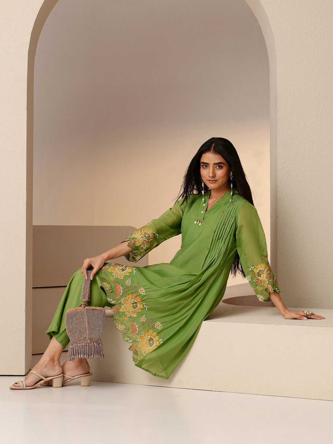  Green Floral Embroidered Chanderi Cotton Co-ord Set 