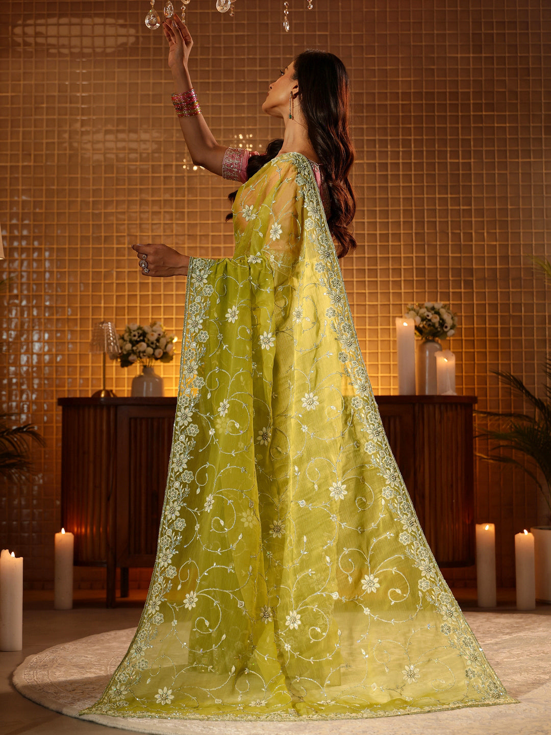  Green Floral Embroidered Chiffon Saree 