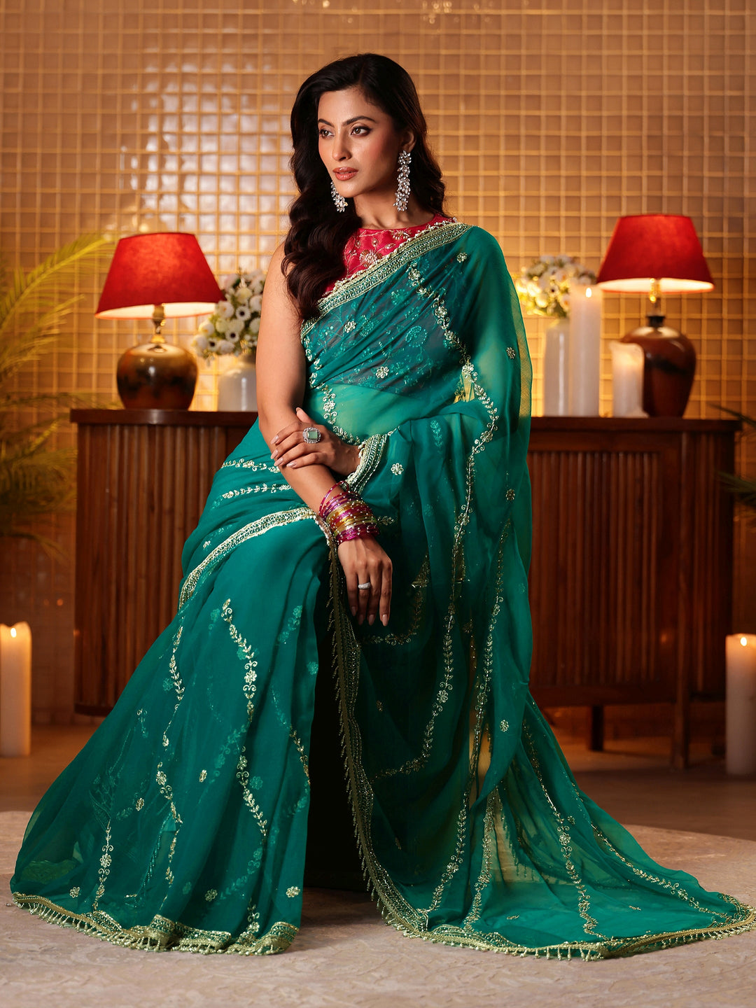  Green Floral Embroidered Chiffon Saree 