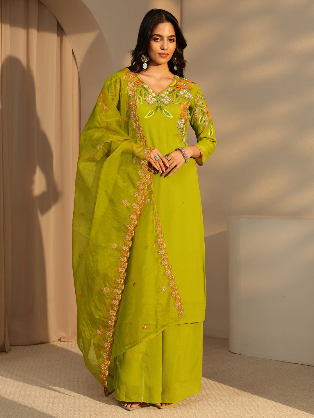  Green Floral Embroidered Chinon Palazzo Suit Set 