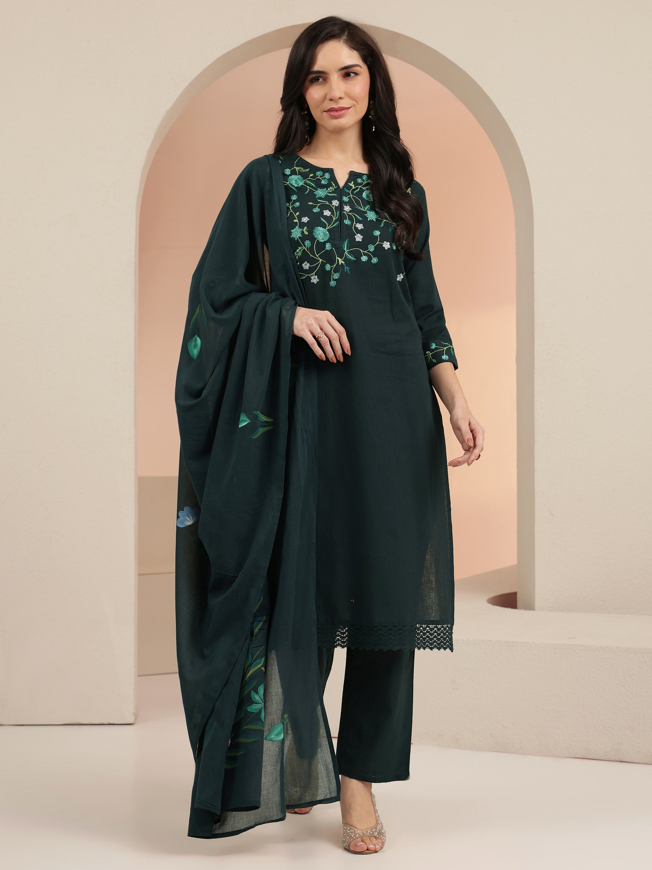 Libas Green Floral Embroidered Cotton Straight Suit Set-picture-21