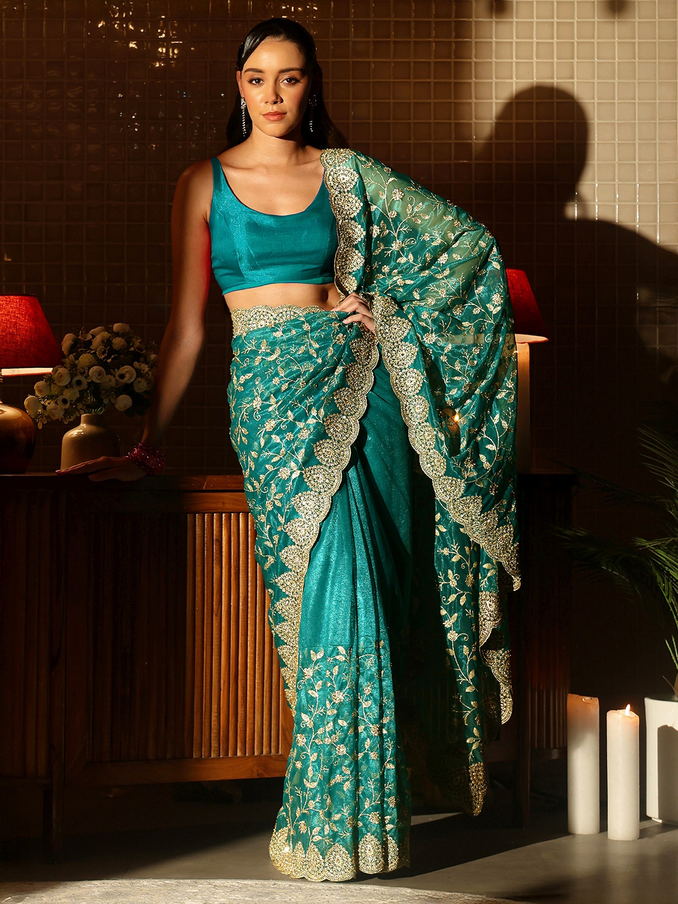 libas Green Floral Embroidered Net Saree-picture-27