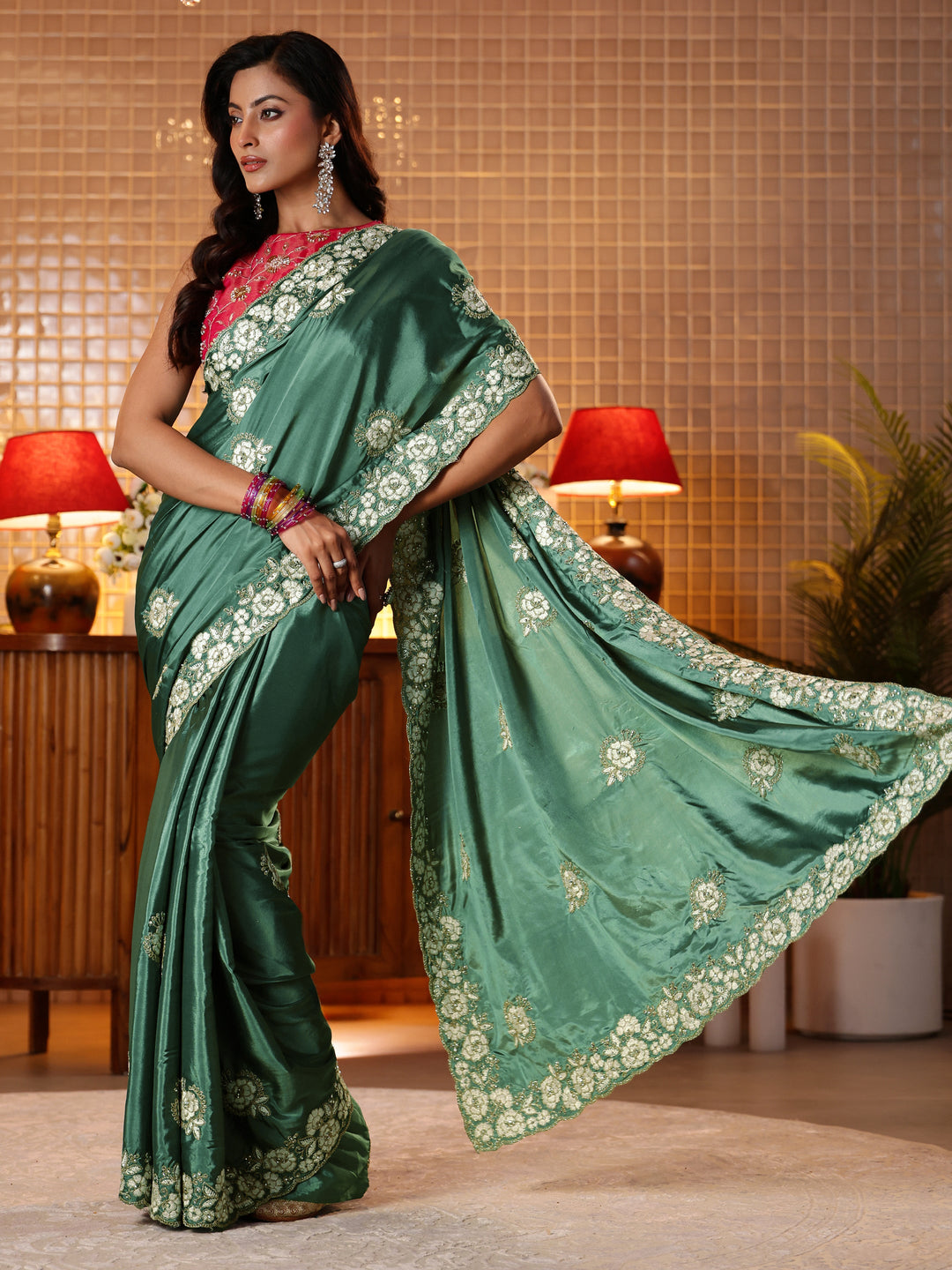  Green Floral Embroidered Satin Saree 