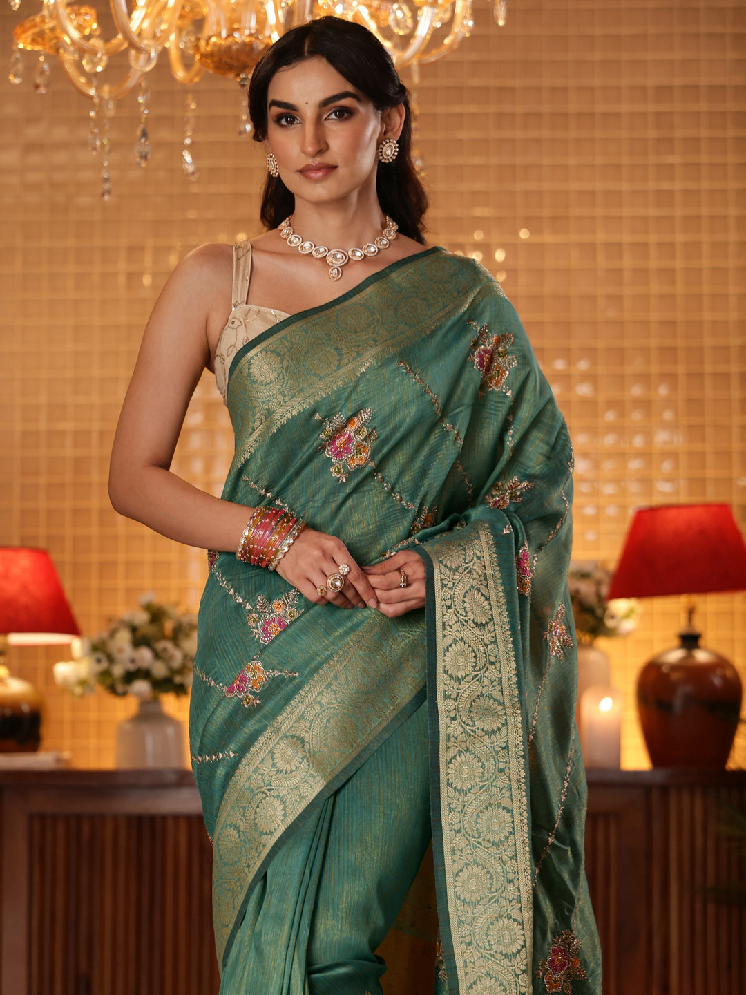  Green Floral Embroidered Silk Blend Saree 