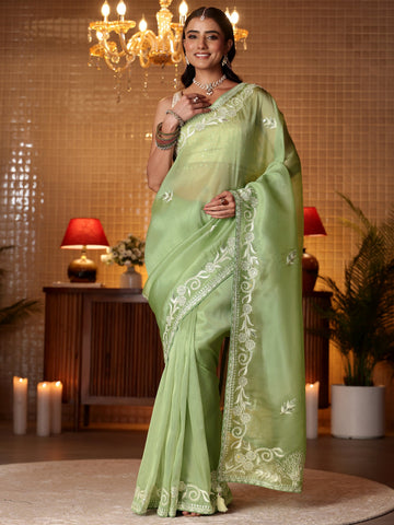 Libas Green Floral Embroidered Tissue Saree