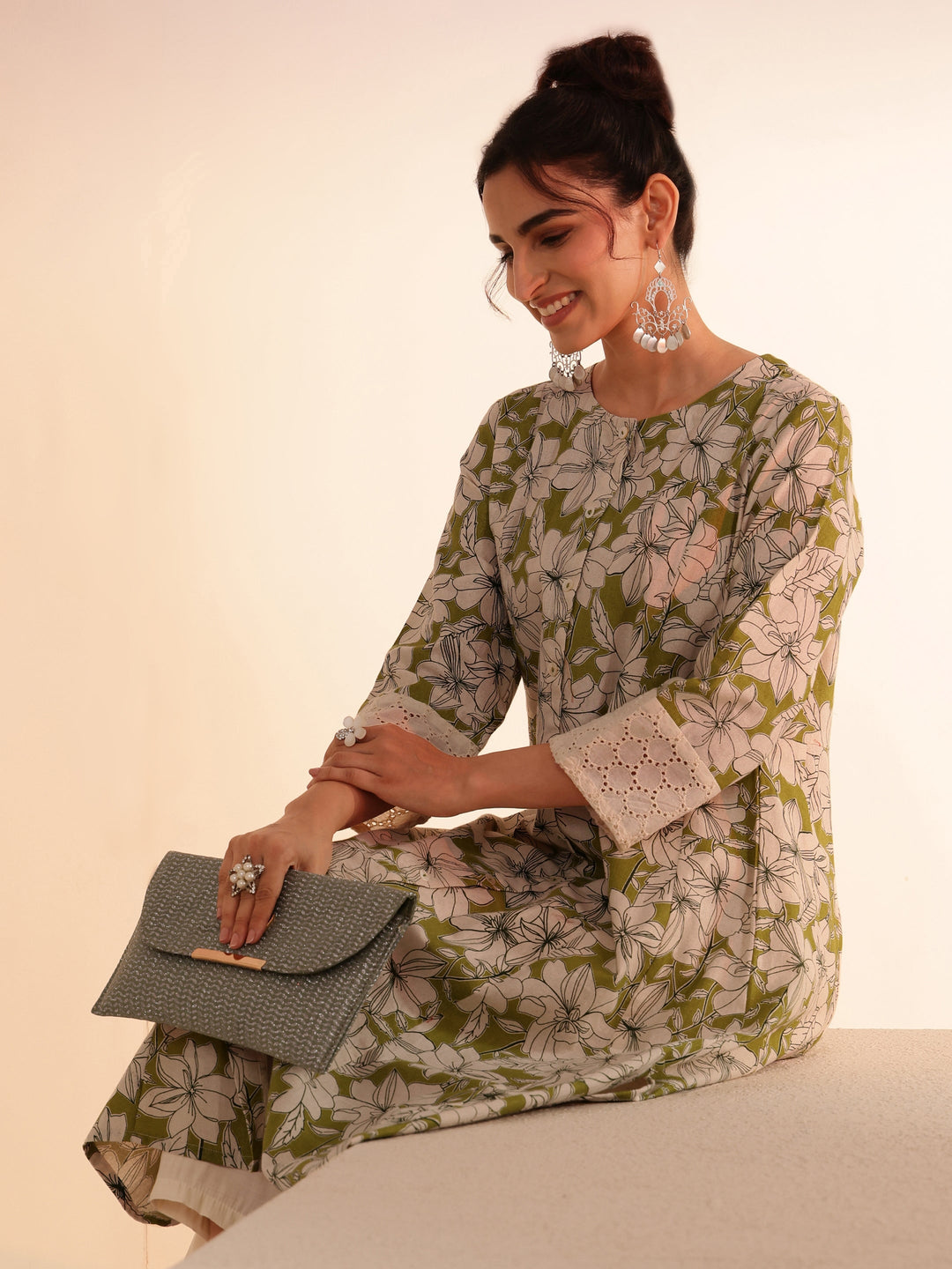  Green Floral Printed Cotton Blend A-Line Kurta 