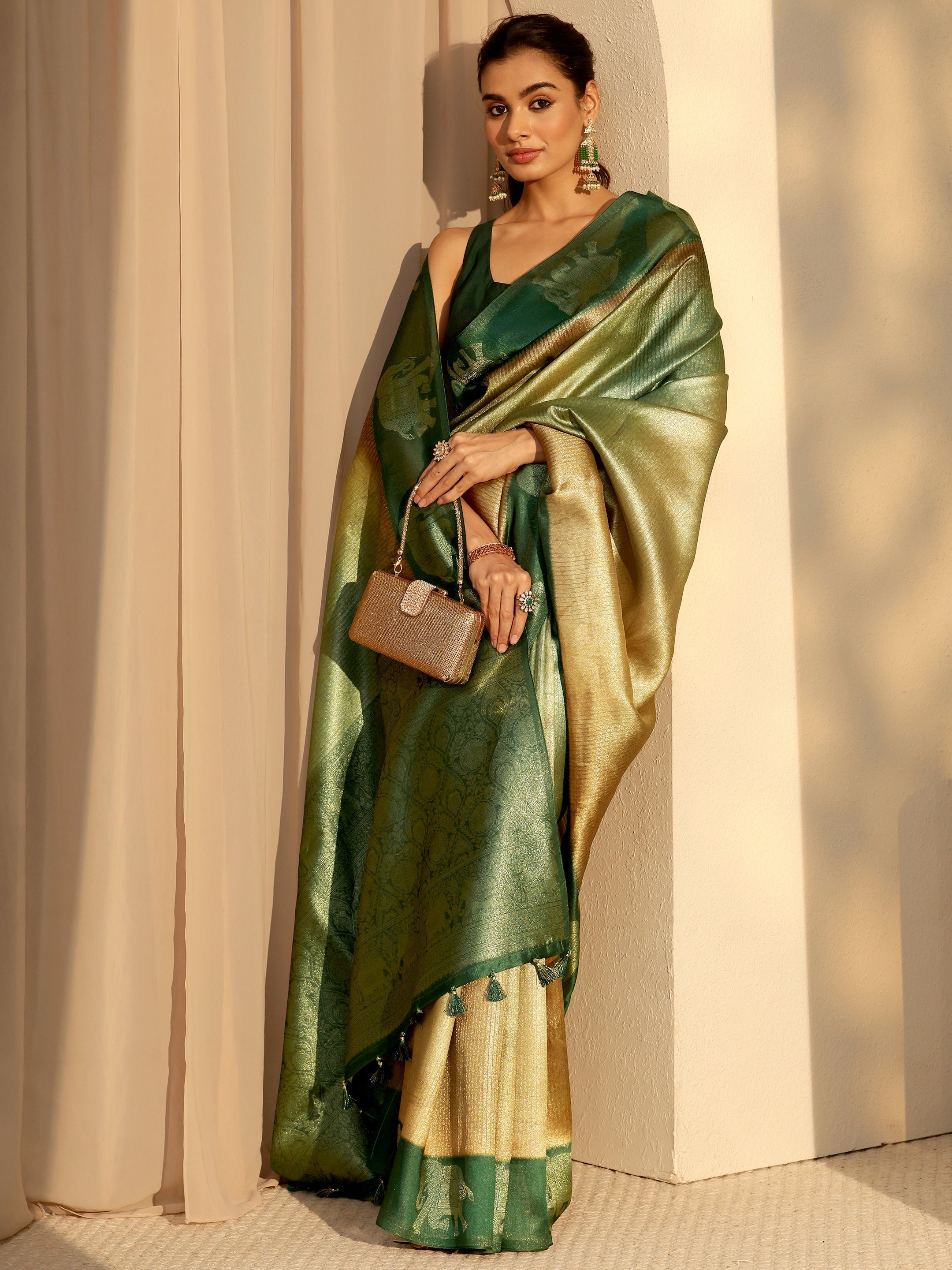 libas Green Gaja Motif Woven Design Cotton Blend Saree-picture-18