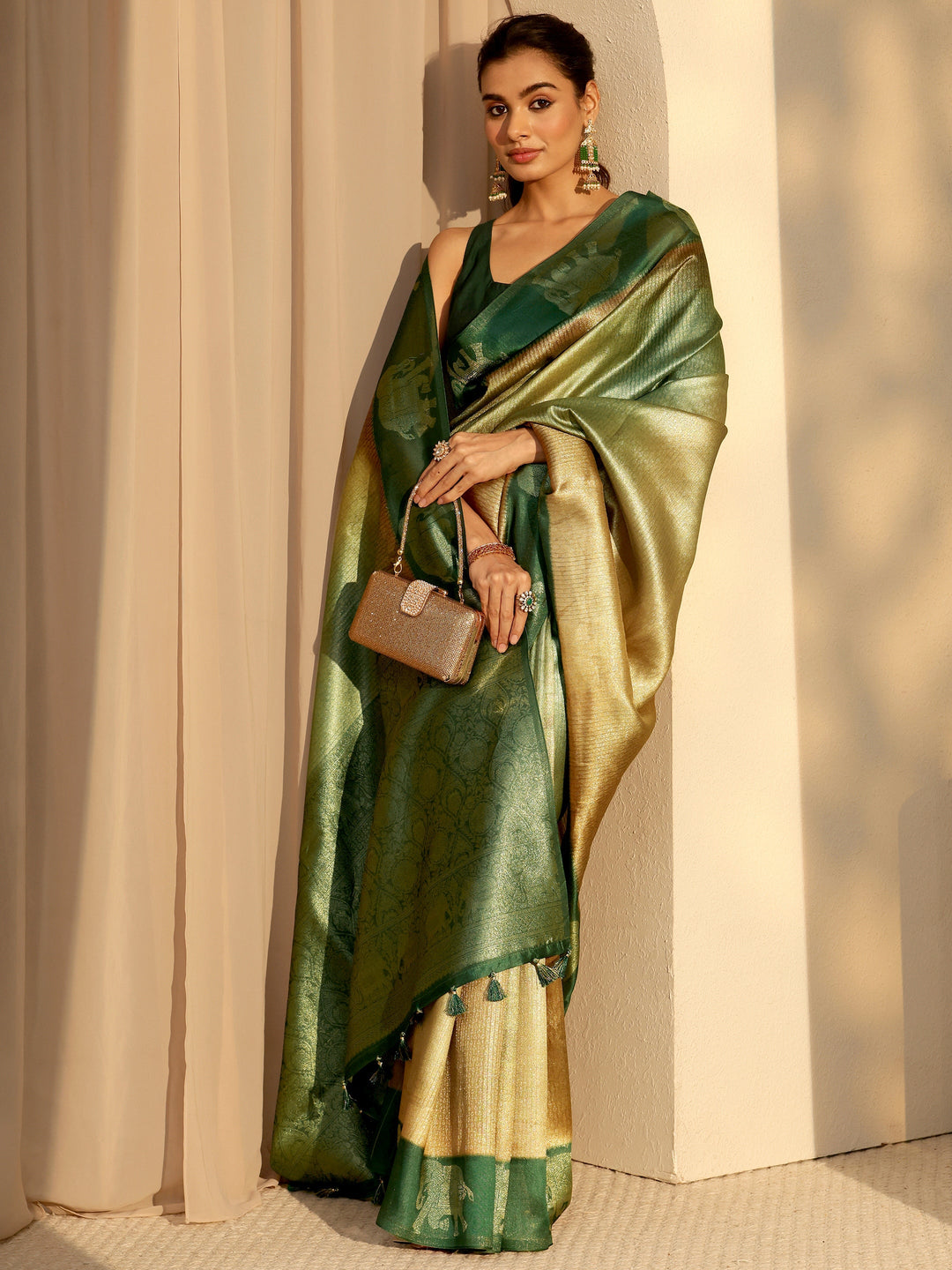  Green Gaja Motif Woven Design Cotton Blend Saree 