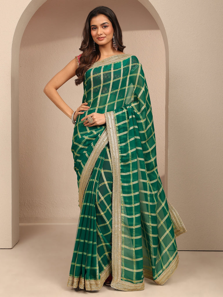 Libas Green Geometric Woven Design Silk Blend Saree With Unstitched Blouse Piece