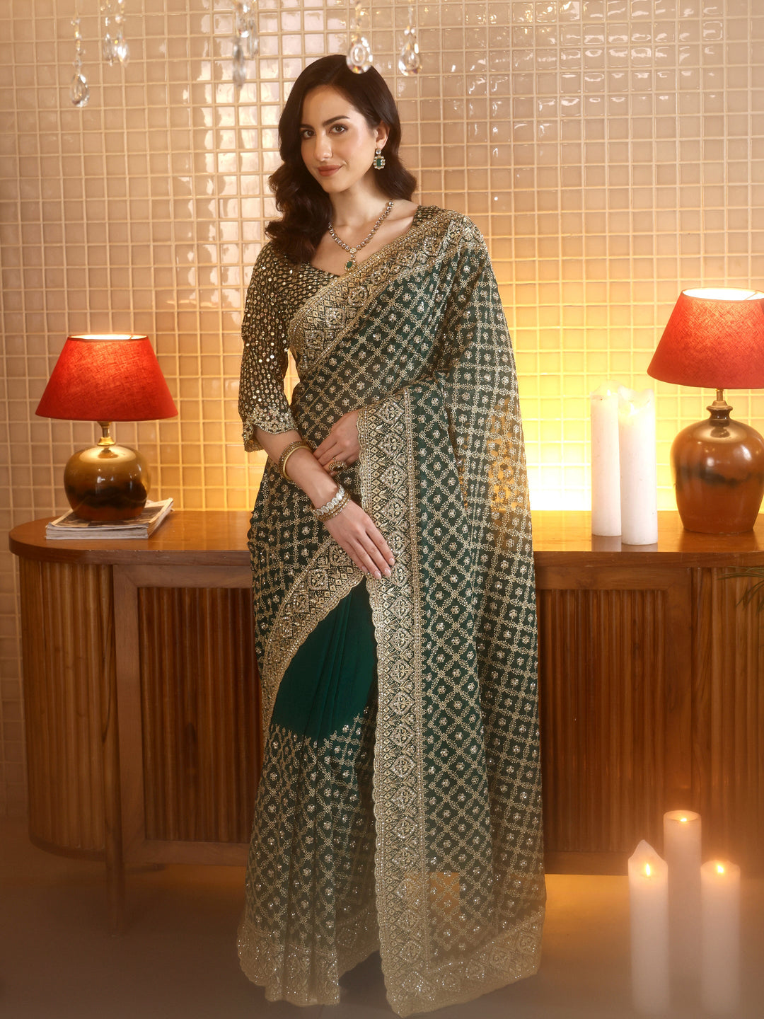  Green Georgette Saree with Embroidered Border 