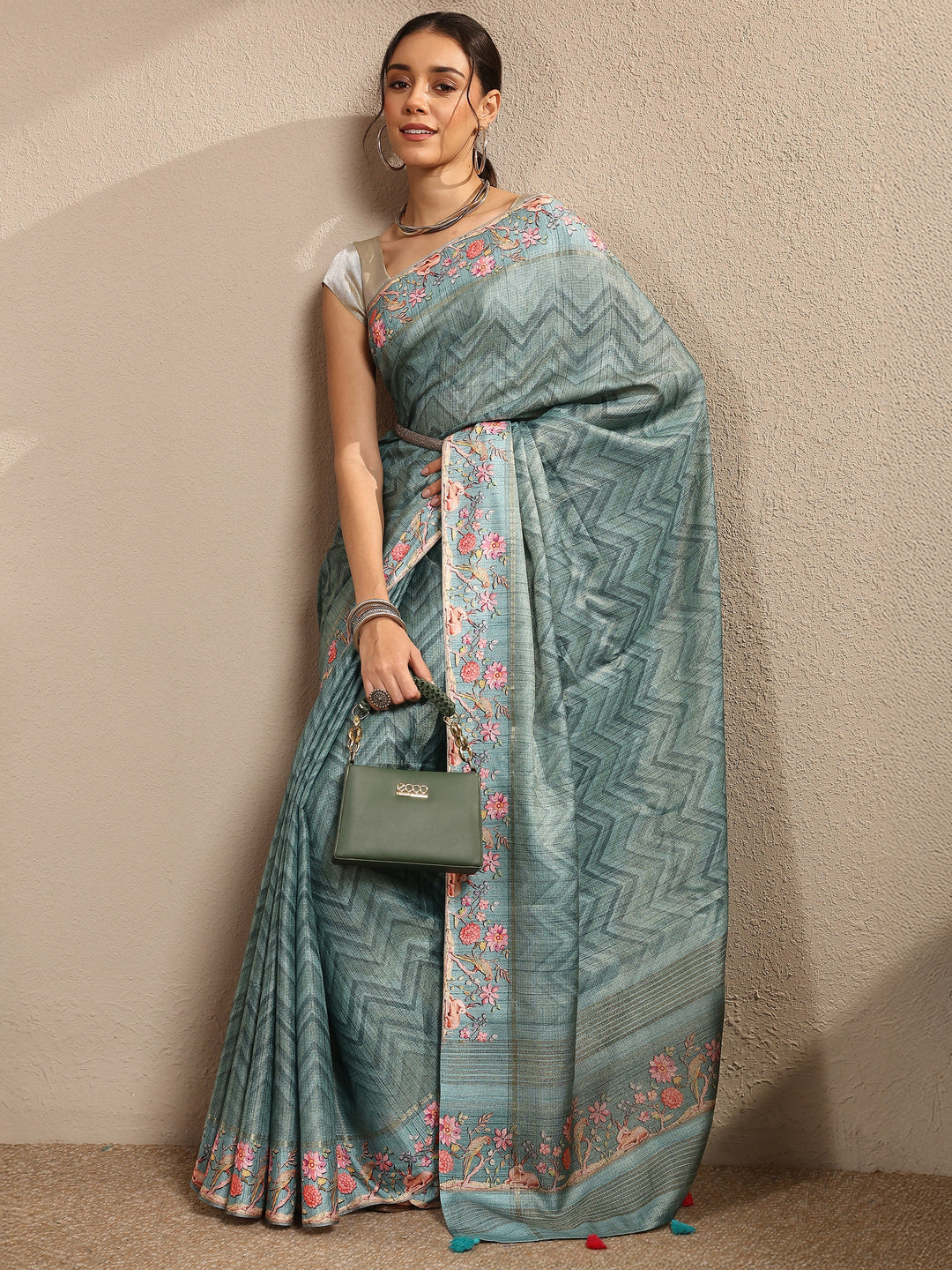 Green Leheriya Printed Silk Blend Saree With Unstitched Blouse Piece