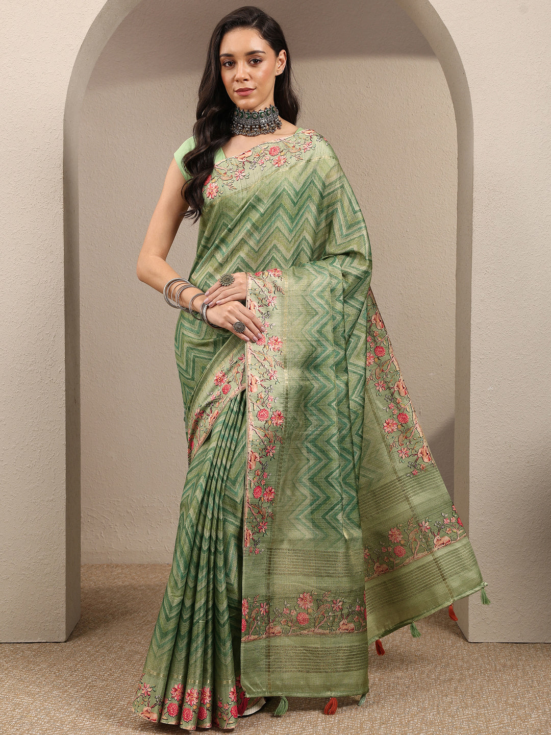 Green Leheriya Printed Silk Blend Saree With Unstitched Blouse Piece