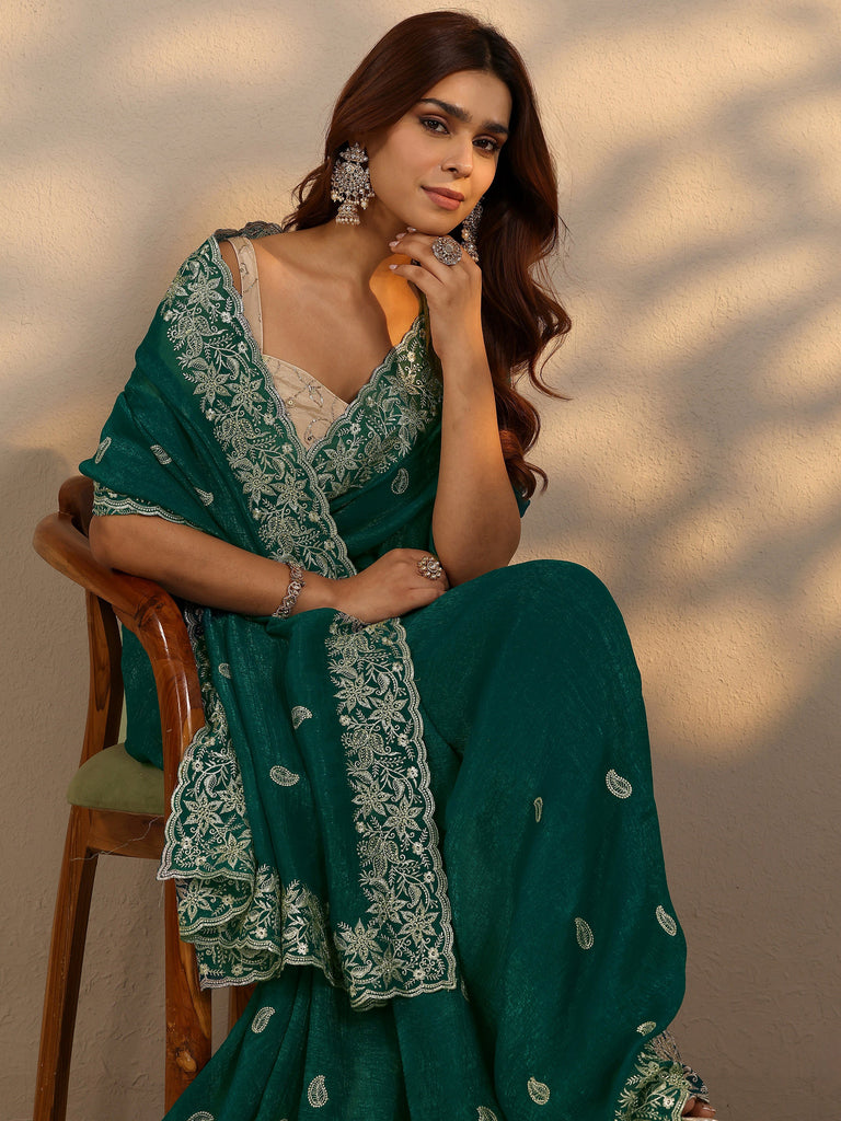 Libas Green Paisley Embroidered Silk Blend Saree With Unstitched Blouse Piece