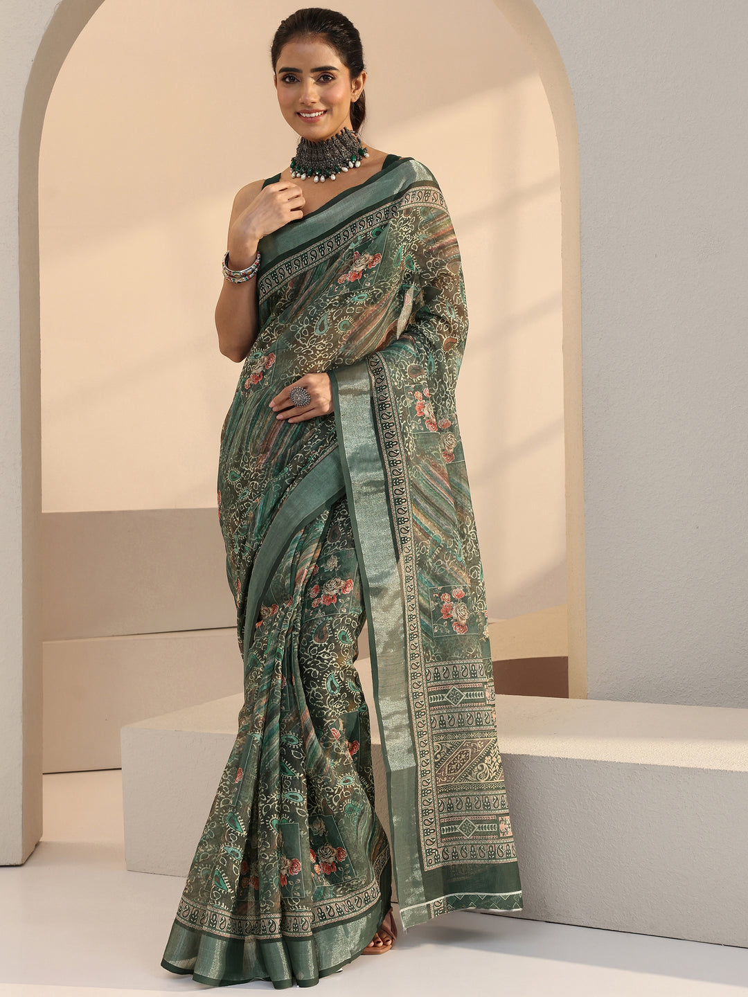  Green Paisley Print Cotton Blend Saree 