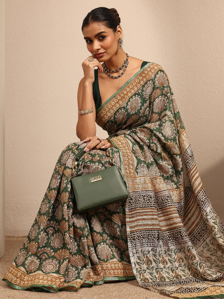 Libas Green Printed Cotton Kalamkari Saree With Unstitched Blouse Piece