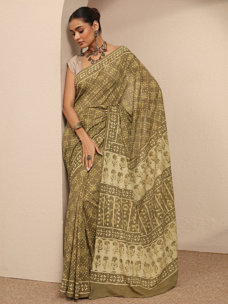 Libas Green Printed Cotton Saree With Unstitched Blouse Piece