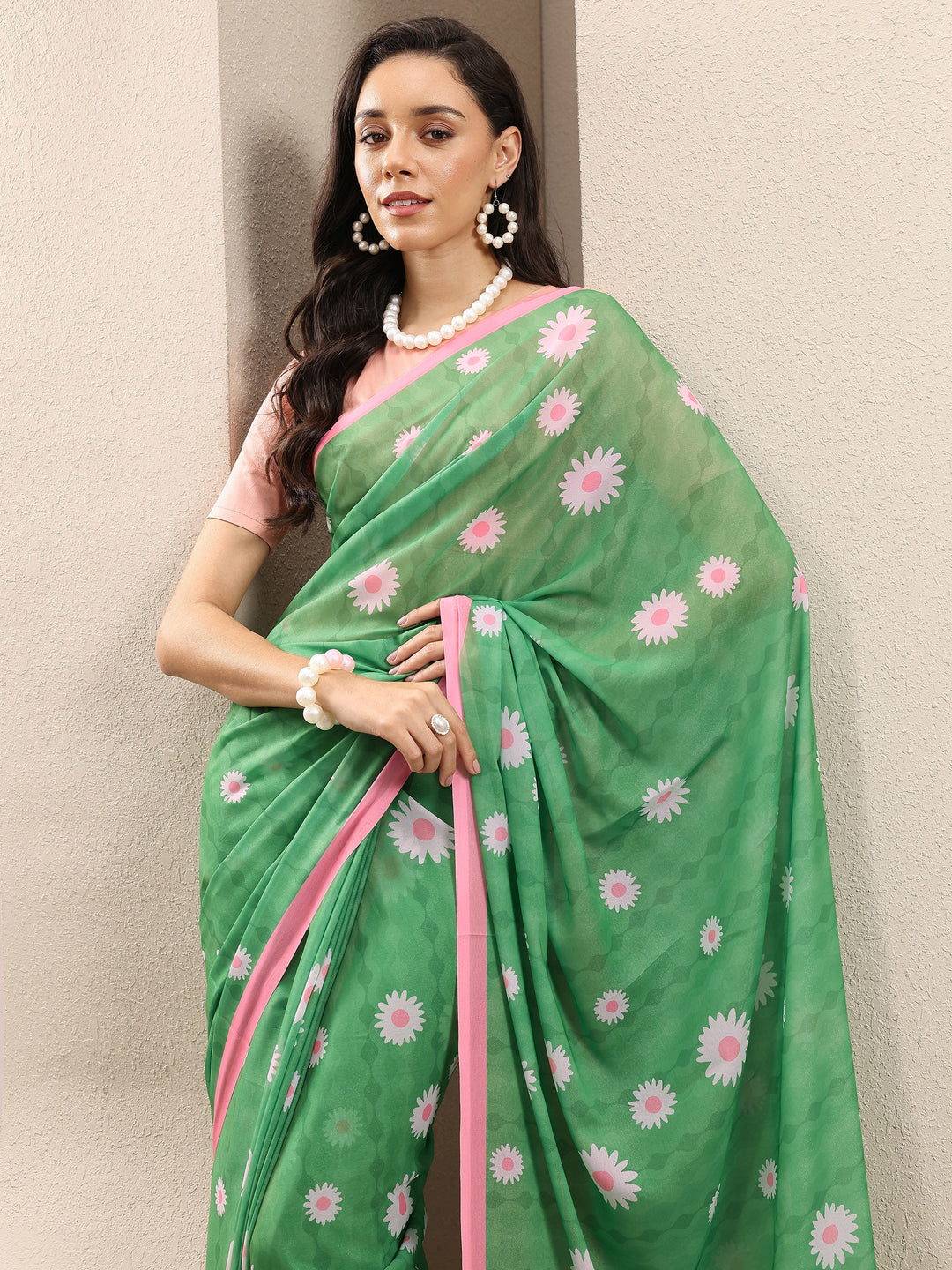 Green Printed Georgette Saree With Unstitched Blouse Piece