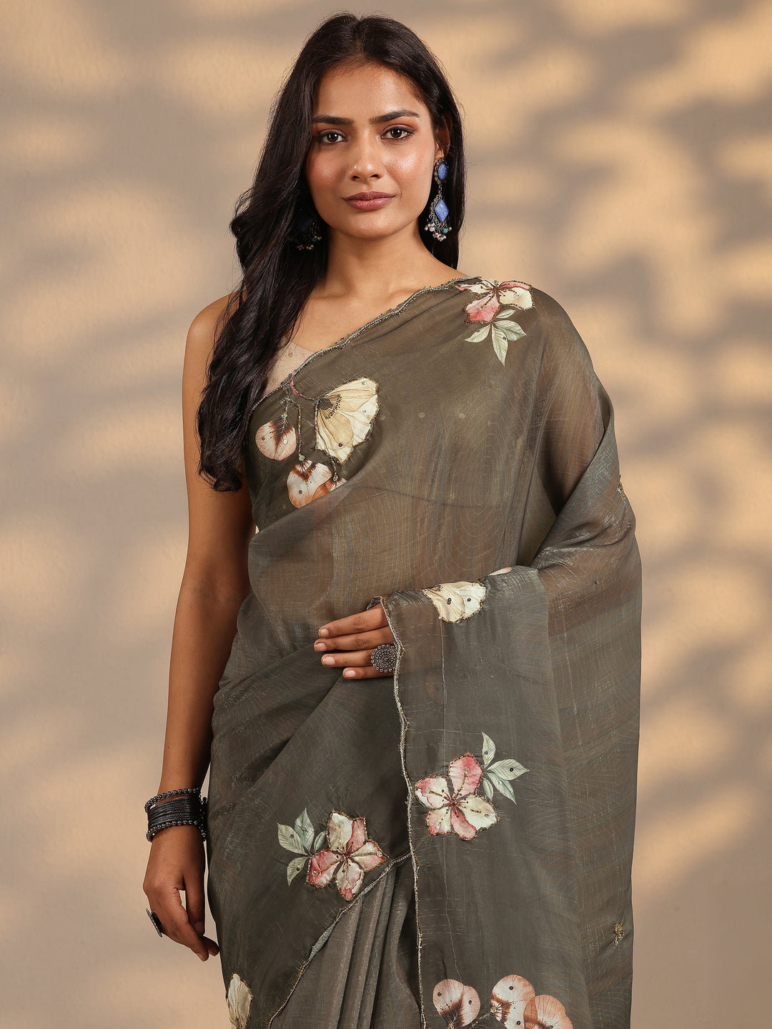 Green Printed Silk Blend Saree With Unstitched Blouse Piece