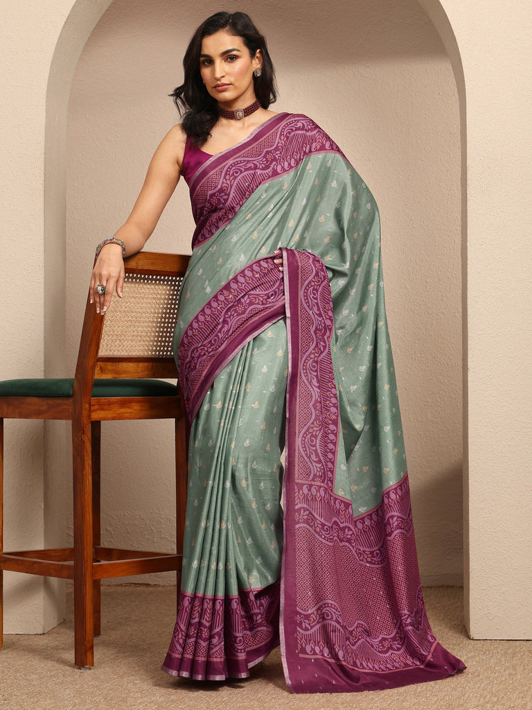 Libas Green Printed Silk Blend Saree With Unstitched Blouse Piece