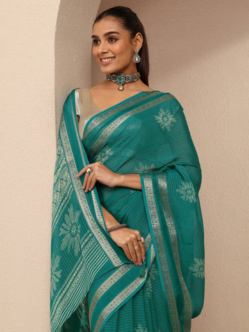 Green Printed Silk Blend Saree With Unstitched Blouse Piece
