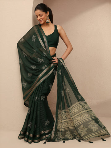 Green Printed Silk Blend Saree With Unstitched Blouse Piece