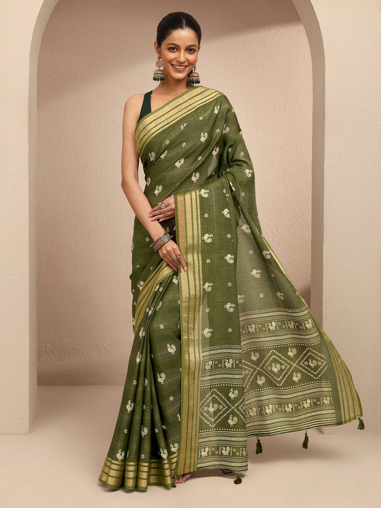 Libas Green Printed Silk Blend Saree With Unstitched Blouse Piece