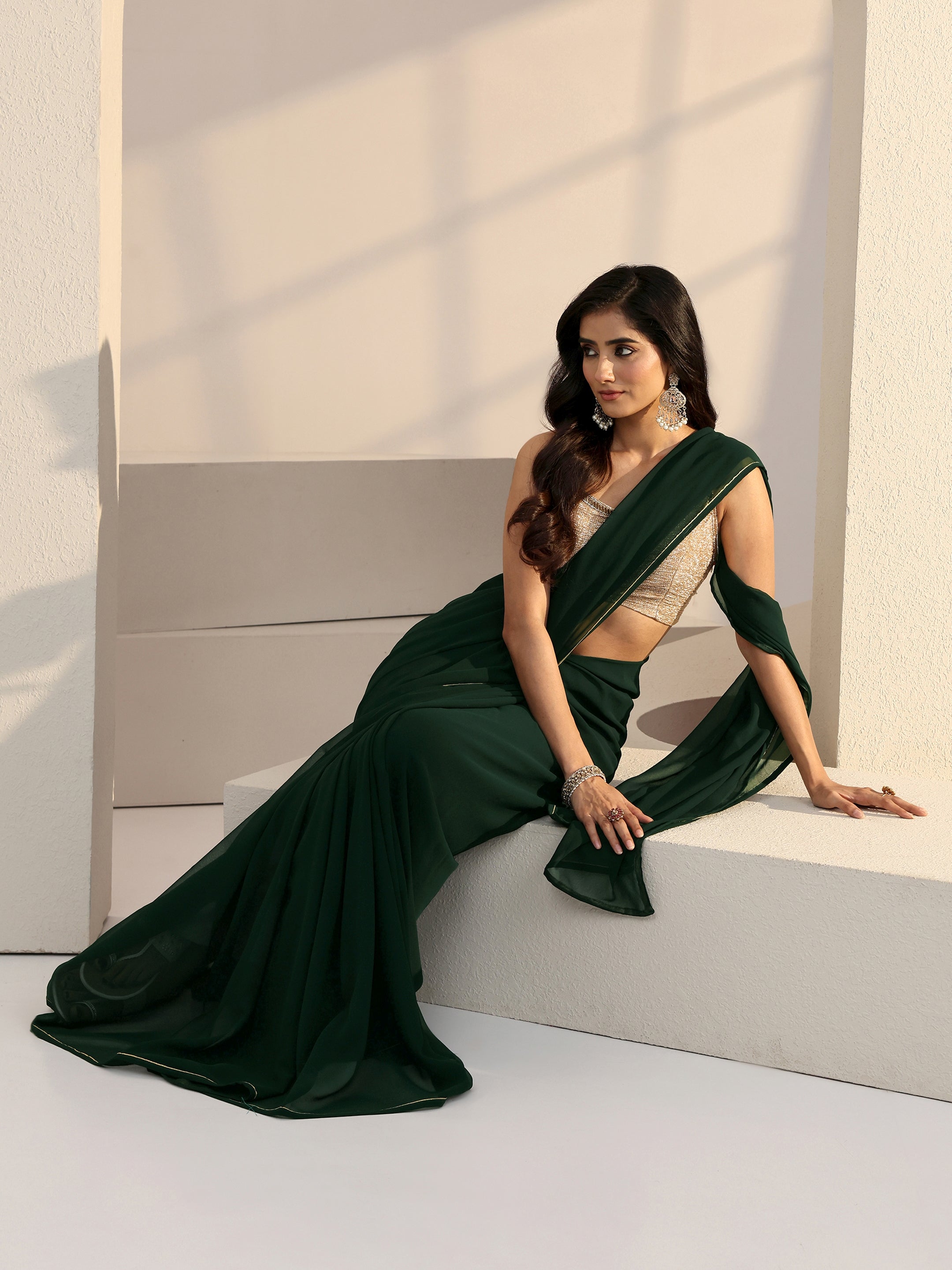 Libas Forest Green Georgette Pre Draped Saree-picture-58