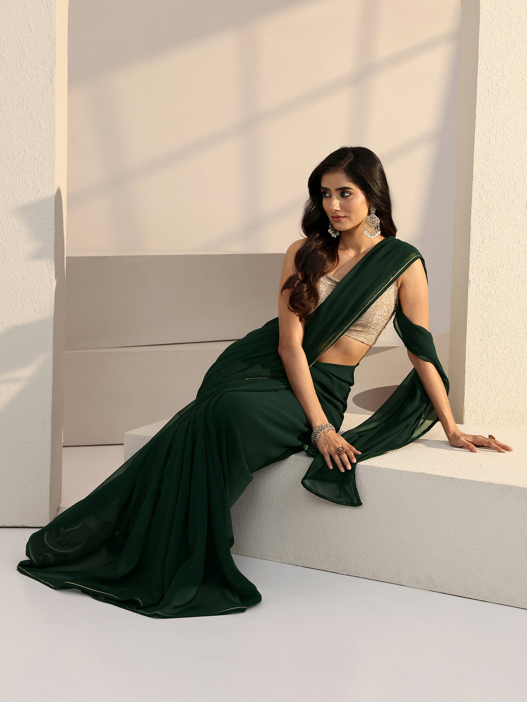 Forest Green Georgette Pre Draped Saree 