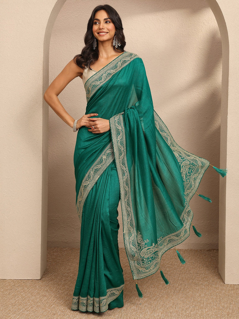Libas Green Solid Georgette Saree With Unstitched Blouse Piece
